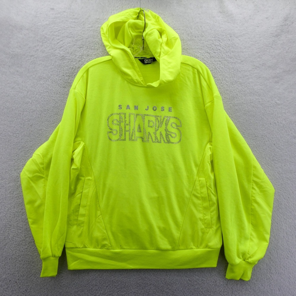 DKNY Sport Hoodie‎ Womens Small San Jose Sharks Neon Yellow Rhinestone Pullover